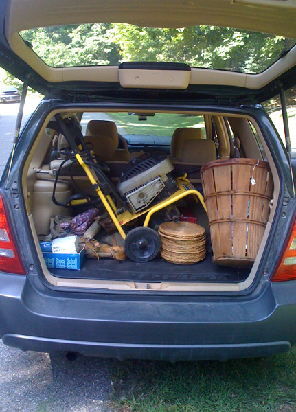 Open hatch of the Forester showing all the goodies we found.