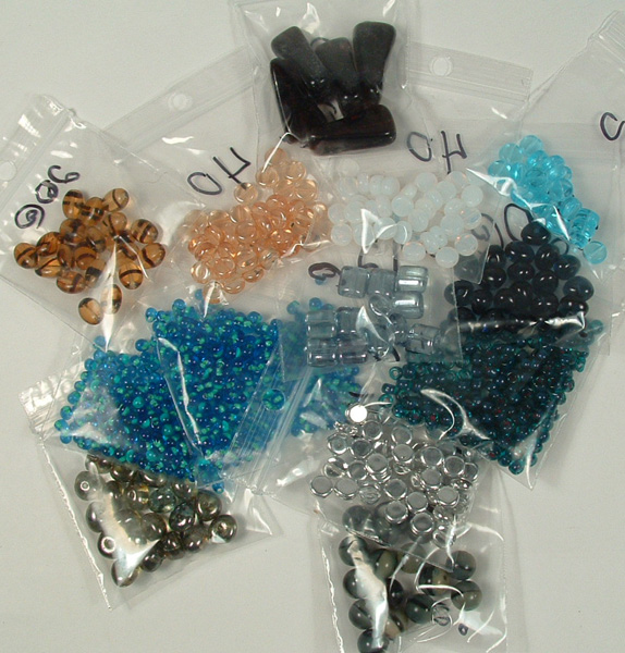 Unstrung beads already in plastic baggies.