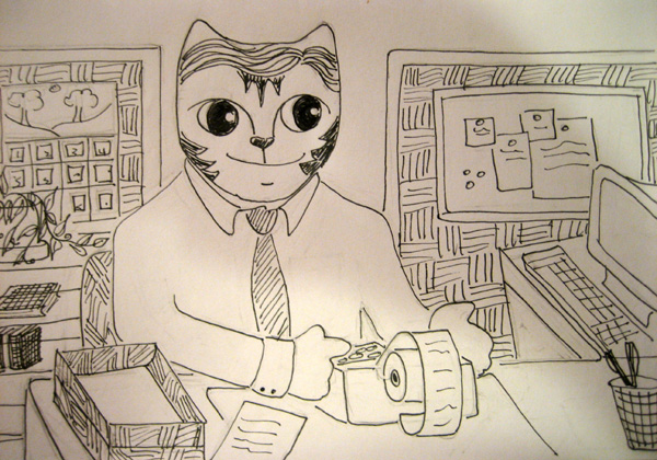 Link working away at his desk