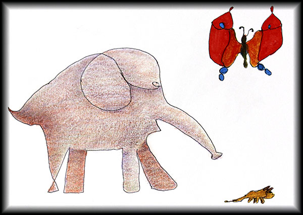 Elephant, mouse and butterfly.