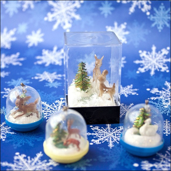 Winter scenes inside tiny toy bubbles.