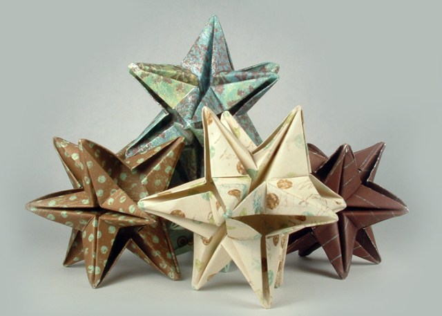 Origami 12 point stars made from scrapbook paper.