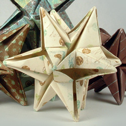 Origami 12 point star made from scrapbook paper.
