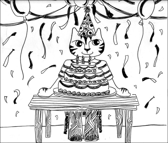 Cartoon Cat Art LInk Happy Birthday Pen Ink Drawing