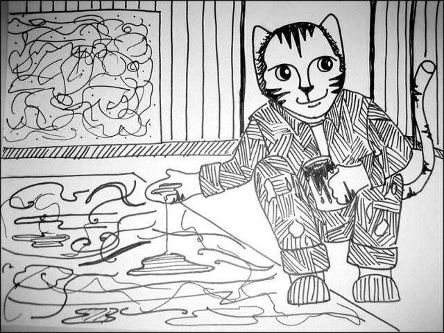 Cat Cartoon Link Jackson Pollock Pen Ink Drawing