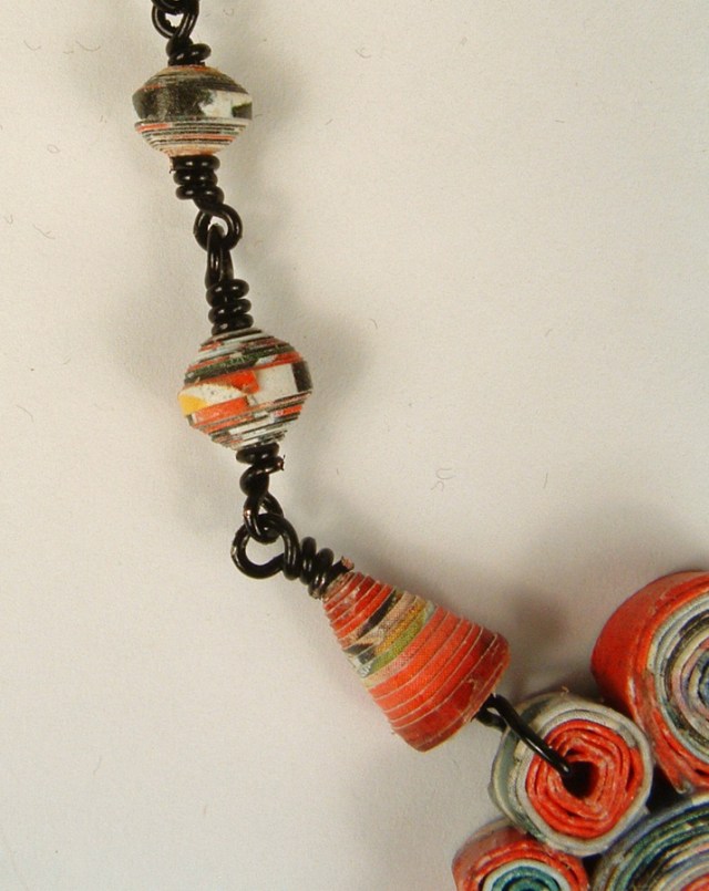 Rolled paper beads wire wrapped to form a necklace chain.
