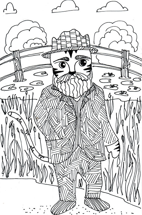 cartoon cat art Link Monet pen ink drawing