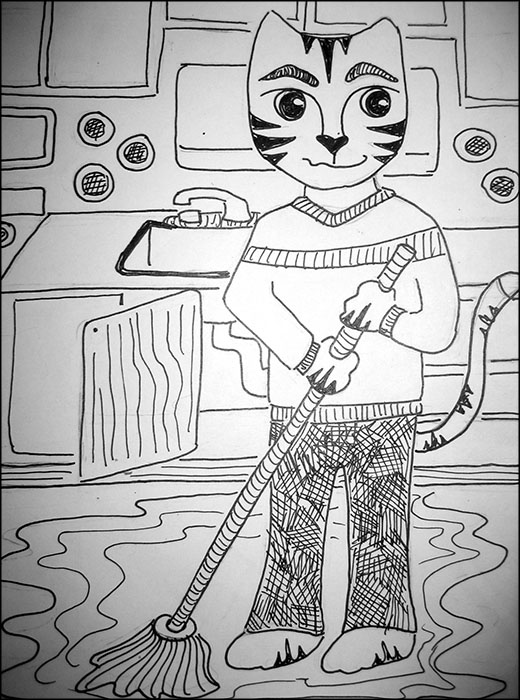 Cartoon Cat Link Mop the Floor Drawing