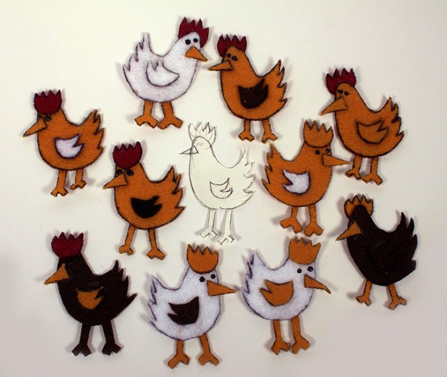 Photo of flock of felt chickens.