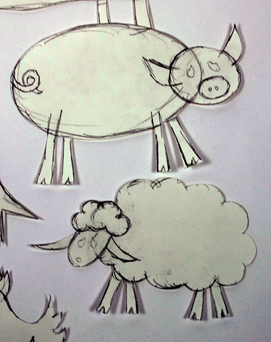 Photo of preliminary drawings of pig and sheep.