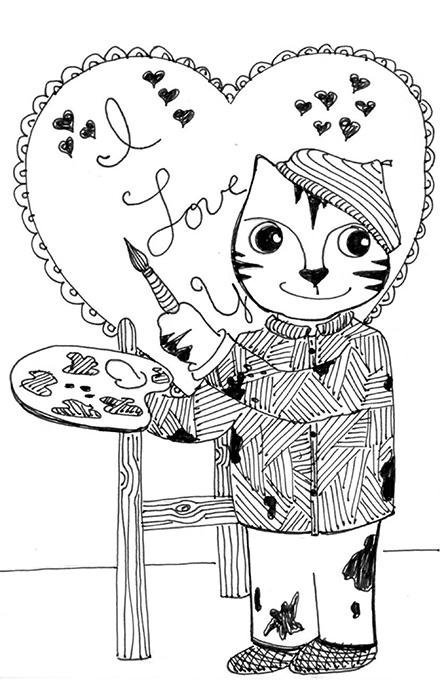 Cartoon Art Cat Link Pen Ink Drawing Valentine's Card