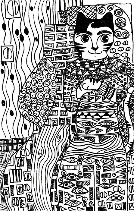 Cat Cartoon Art Pen Ink Drawing Link Klimt