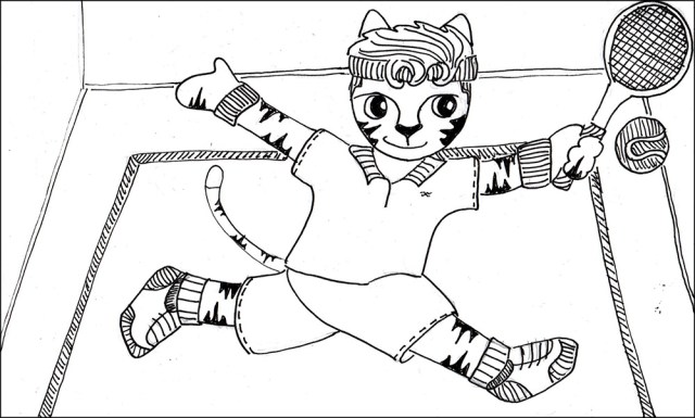 Cat Cartoon Link Art Tennis Pen Ink Drawing
