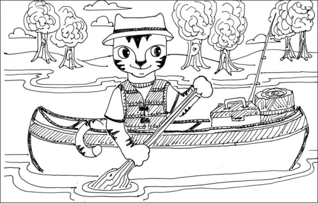 Cat Art Link Pen Ink Drawing Cartoon Canoe
