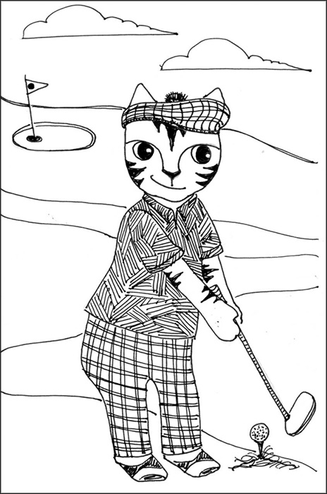 Cat Art Cartoon Link Pen Ink Drawing Golf