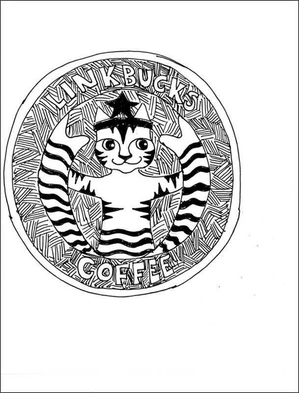 Cat Art Link Cartoon Pen Ink Drawing Starbucks