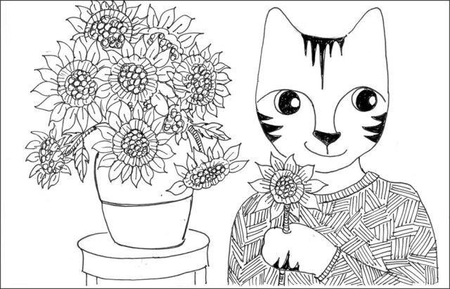 Cat Art Cartoon Link Pen Ink Drawing Sunflowers