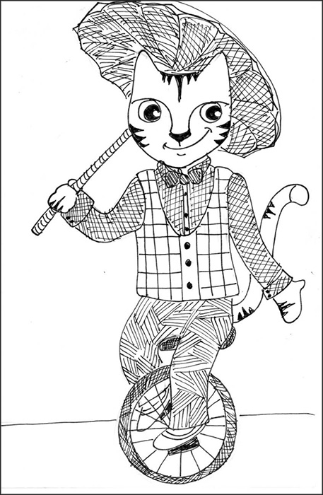 Cat Art Cartoon Link Pen Ink Drawing Unicycle