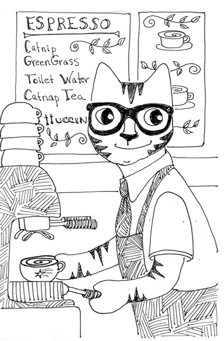 Cat Art Link Pen Ink Drawing Barista Coffee