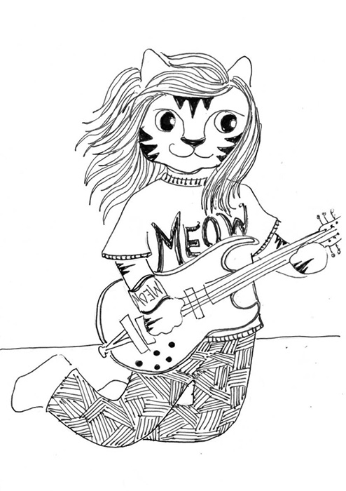 Cat Art Link Pen Ink Drawing Cartoon Band Bass