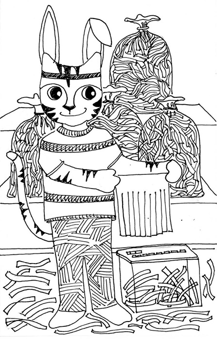 Cat Art Link Cartoon Pen Ink Drawing Easter Bunny Grass