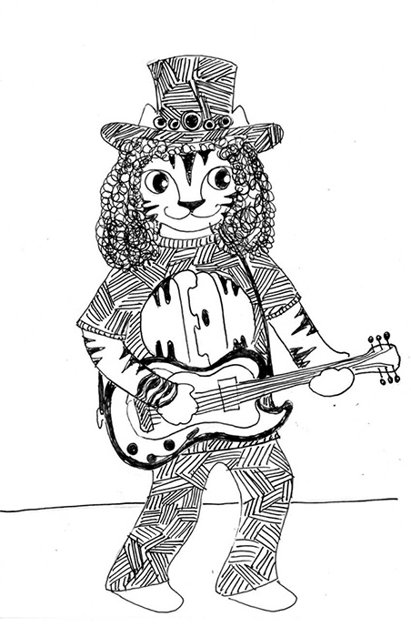 Cat Art Cartoon Pen Ink Drawing Link Band Lead Guitar
