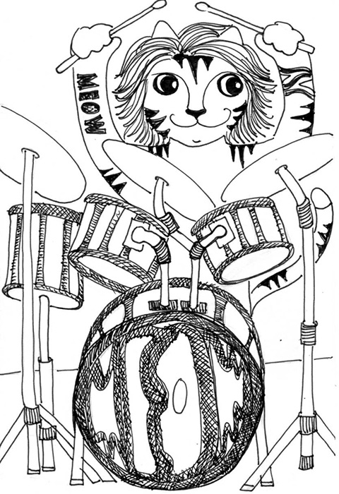 Cat Art Link Cartoon Pen Ink Drawing Band