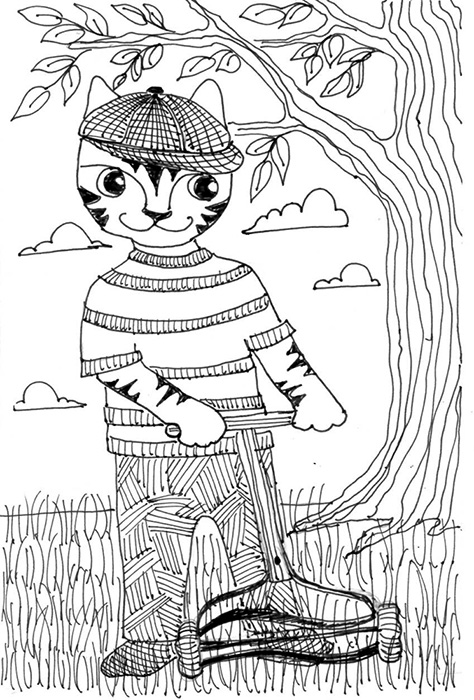 Cat Art Cartoon Pen Ink Drawing Grass Mow