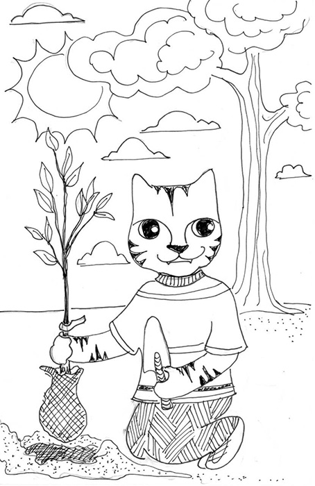 Cat Art Cartoon Link Pen Ink Drawing Tree