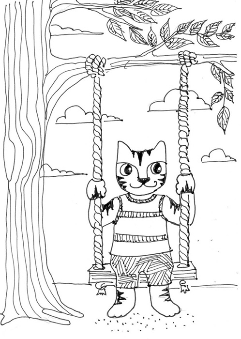 Cat Art Cartoon Pen Ink Drawing Swing Spring