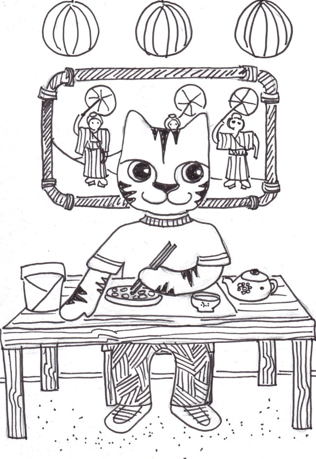 cat art link pen ink drawing cartoon Link chinese food
