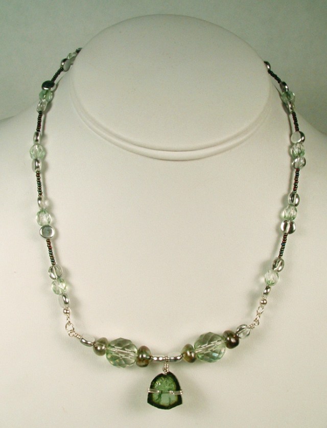 Tourmaline, crystal, glass and sterling silver necklace.