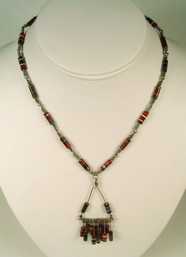 Necklace made up entirely of electronic resistors.