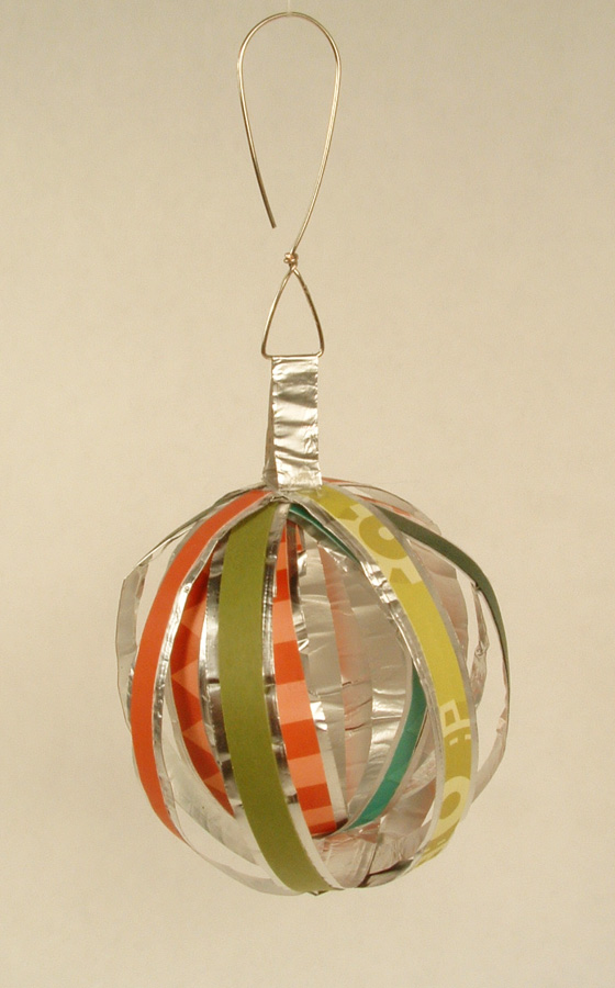 Ball Christmas ornament made of strips of paper and aluminum foil