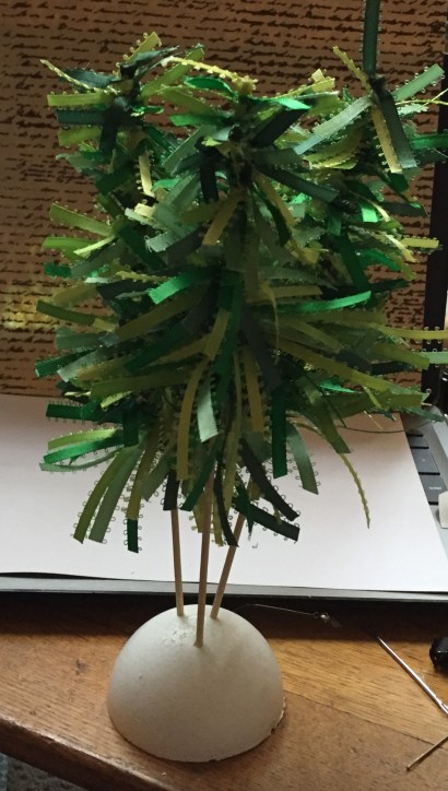 trees done, stuck in unfinished styrofoam ball