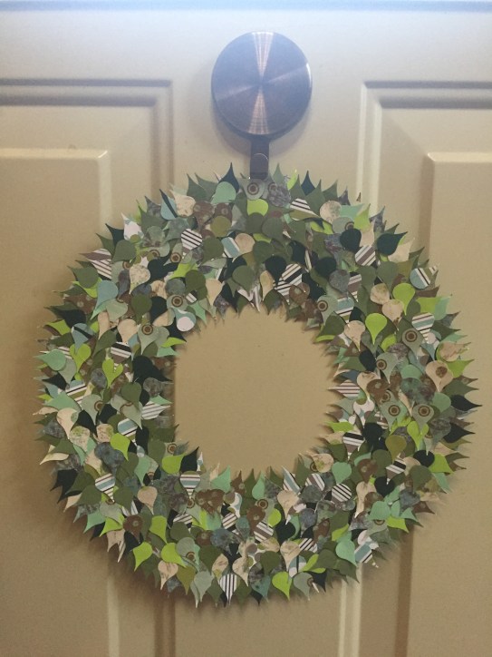 Green wreath, completed and hung on my door.